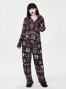 ROMWE Women's Gothic Christmas Skeleton Deer Coffin Cobweb Snowflake Bat Cross Moon Bone Long Sleeve Top & Pants Pajama Set Fall Winter Clothes - Black - View 1