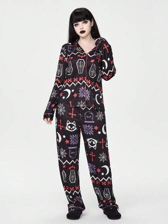 Goth Set pigiama da donna con top a maniche lunghe e pantaloni, motivi gotici natalizi con scheletro, cervo, bara, ragnatela, fiocco di neve, pipistrello, croce e luna, adatto per l'autunno e l'inverno