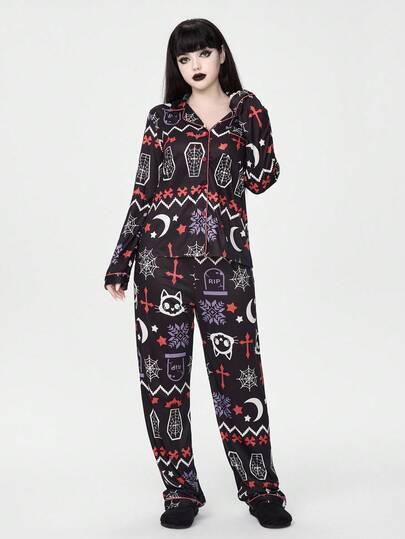 Goth Women's Gothic Christmas Skeleton Deer Coffin Cobweb Snowflake Bat Cross Moon Bone Long Sleeve Top & Pants Pajama Set Fall Winter Clothes