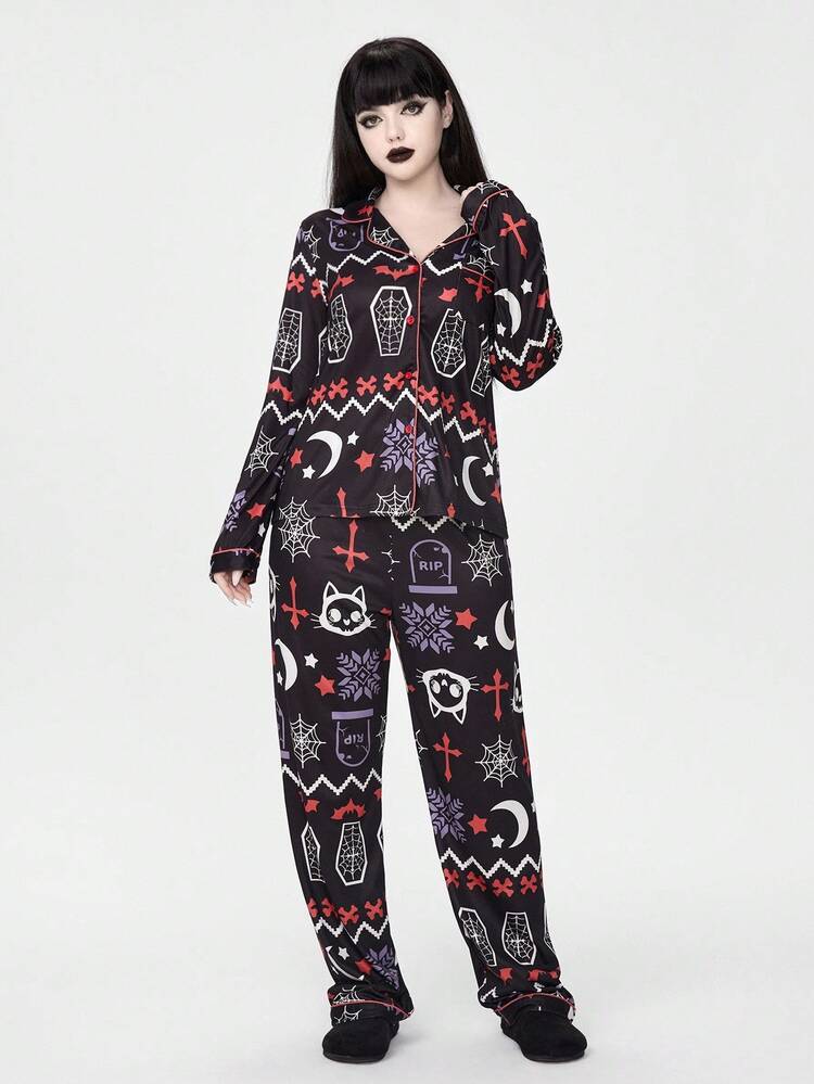 ROMWE Goth Women's Gothic Christmas Skeleton Deer Coffin Cobweb Snowflake Bat Cross Moon Bone Front Open Shirt Style Long Sleeve Pajama Set Fall Clothes
