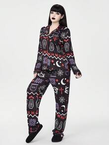 ROMWE Women's Gothic Christmas Skeleton Deer Coffin Cobweb Snowflake Bat Cross Moon Bone Long Sleeve Top & Pants Pajama Set Fall Winter Clothes - Black - View 4