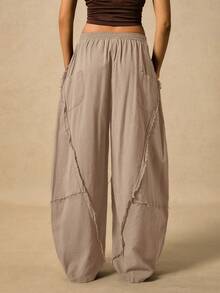 Easelle 女士休闲斜插口袋毛边裤筒裤宽松裤肥大服纱布服装 - 駝色 - 查看 2