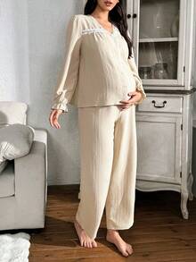 Moonlight&Mama Women's Casual Lace Trim V-Neck Top & Pants Maternity Pajama Set, Winter - Apricot - View 7