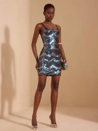 JIAN LASALA Vestido mini ajustado con tirantes de espagueti de malla con lentejuelas onduladas, vestido de fiesta sexy azul con lentejuelas, vestido de serpiente con lentejuelas, vestido de lujo y elegante colección de ropa