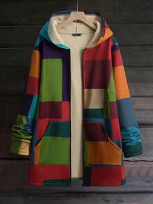 Linhara Giacca lunga con cappuccio in pile composito a quadri colorati digitali per taglie forti da donna - Multicolore - Visualizzare 8