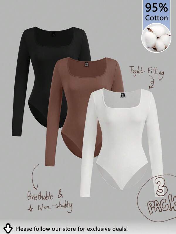 Tseoso 3pcs Women Square Neck Long Sleeve Bodysuit Set , Autumn/Winter, 95% Cotton,Old Money,New Money,Casual Slim-Fit Women's , Vintage, Softgirl, Home, Back To School, Fall Women Clothes, Versatile,