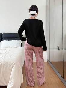 女士休闲字母印花格子睡衣套装，长袖上衣和裤子，秋冬服装 - 彩色 - 查看 2