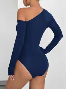 SHEIN EZwear 女款海军蓝紧身斜肩长袖休闲连体衣 - 藏蓝色 - 查看 2