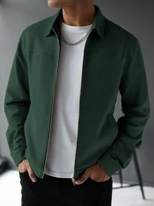 Manfinity Homme Men's Dark Green Casual Long Sleeve Regular Fit Plain Style Jacket With Collar And Zipper, Fall