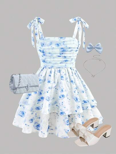 Girlism Tween Girl Spaghetti Strap Bow Cute & Elegant, Ruched Waist A-Line Layered Ruffle Ditsy Floral Mesh Dress, Suitable For Outings, Gatherings, Spring/Summer, Vacation & Holidays