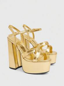 CUCCOO LuxiPop 性感时尚粗跟防水台高跟凉鞋，适合万圣节、圣诞节、派对、夜总会穿着 - 金色 - 查看 2