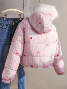 Teen Girl Pink Stylish Sweet Striped Butterfly Fur Collar Hooded Jacket, Suitable For Winter, Daily Commute, School, Outing, And Photography