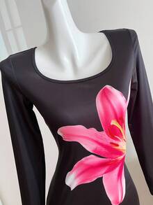 1pc Teenage Girls' Round Neck Long Sleeve Dress, Front Floral Print, Back Slit Hem, Casual Vacation Dress, Autumn Fall Winter - Black - View 3