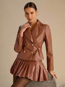 Enchnt Fall/Winter Romantic Women's Brown Lapel Neck Long Sleeve Double-Breasted Fashion PU Leather Jacket,Chic&Elegant For Date&Daily Commuting&Office&Going Out,Autumn Jacket For Women,Fall Clothes For Women,Autumn Outfits For Women
