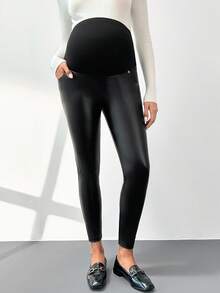 MaterniWear Maternity Solid Color Adjustable Waist PU Leather Leggings Maternity Leggings Pregnancy Pants Black Leggings For Women Pregnancy Clothing Leggings With Pockets  Black Pants  Black Pants Maternity Pants Pregnancy Leggings Maternity Clothes Pregnant Outfits Pregnancy Clothes Maternity Biker Short - Black - View 4