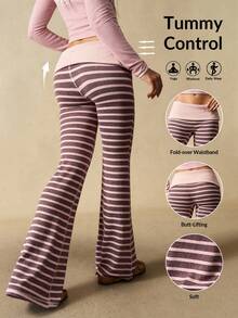 VARSIVA Women's Casual Striped Flared Pants With Waist Fold Over Leggings - Multicolor - View 1