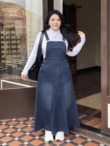 Rivivi Winter Outfit Plus Size Cowgirl Outfit, Blue Denim Sleeveless Jumpsuit, Fall Dresses - Dark Wash - View 6