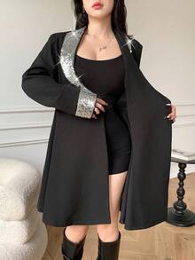 Celisse Jaket Wanita Elegan dengan Hiasan Payet, Kerah Berbentuk Kancing Ganda, dan Pinggang yang Dikencangkan, Musim Gugur - Hitam - View 6
