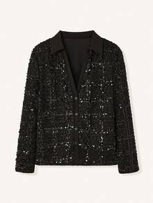 lacRébo Camisa de tweed con lentejuelas negras, cuello de satén y cierre delantero con botones, top premium para salir de noche, fiesta de Año Nuevo, estilo francés y parisino - Negro - Ver 6