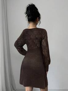 Siren Gaze 女款秋季針織長袖甜心V領短版毛衣洋裝，純色優雅簡約休閒深棕色冬季針織洋裝 - 咖啡棕 - 查看 2