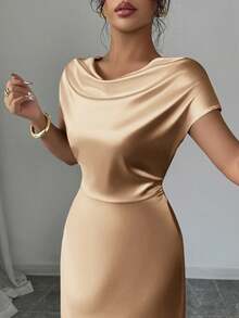 Rafferiza Rochie elegantă pentru femei, cu guler înalt, din satin, cu mânecă scurtă și nod, pentru întâlniri/navetă