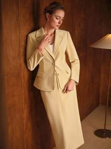 MOTF PREMIUM WOMEN'S PU BLAZER & SKIRT 2 PIECES SUIT, FITTED, AUTUMN/WINTER - Yellow - View 8