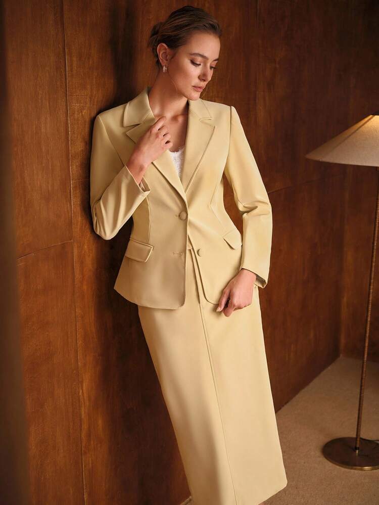 WOMEN'S PU BLAZER & SKIRT 2 PIECES SUIT, FITTED, AUTUMN/WINTER