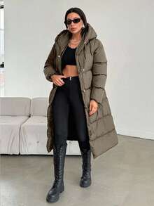 EURMUSE Hooded Side Pocket Snap Button Drawstring Padded Coat For Autumn And Winter - Mocha Brown - View 5