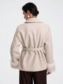 SHEIN LUNE 女士通勤高端毛绒袖口宽松腰部外套 - 卡其色 - 查看 2