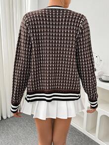 Elenzga 女式 V 领时尚插肩袖撞色纽扣前针织开衫 - 棕色 - 查看 2
