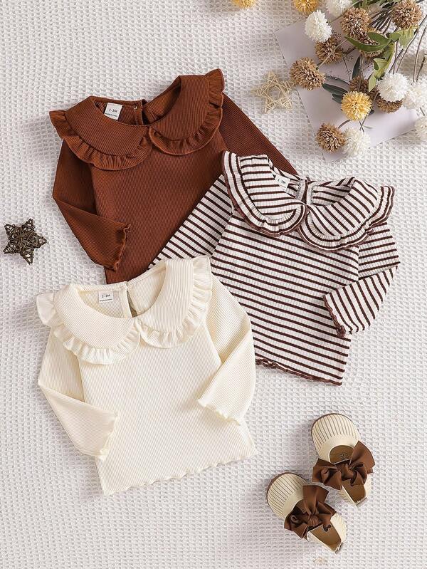 SHEIN Vintaside Kids 3pcs Newborn Baby Girls Ruffled Collar Long Sleeve Top Set