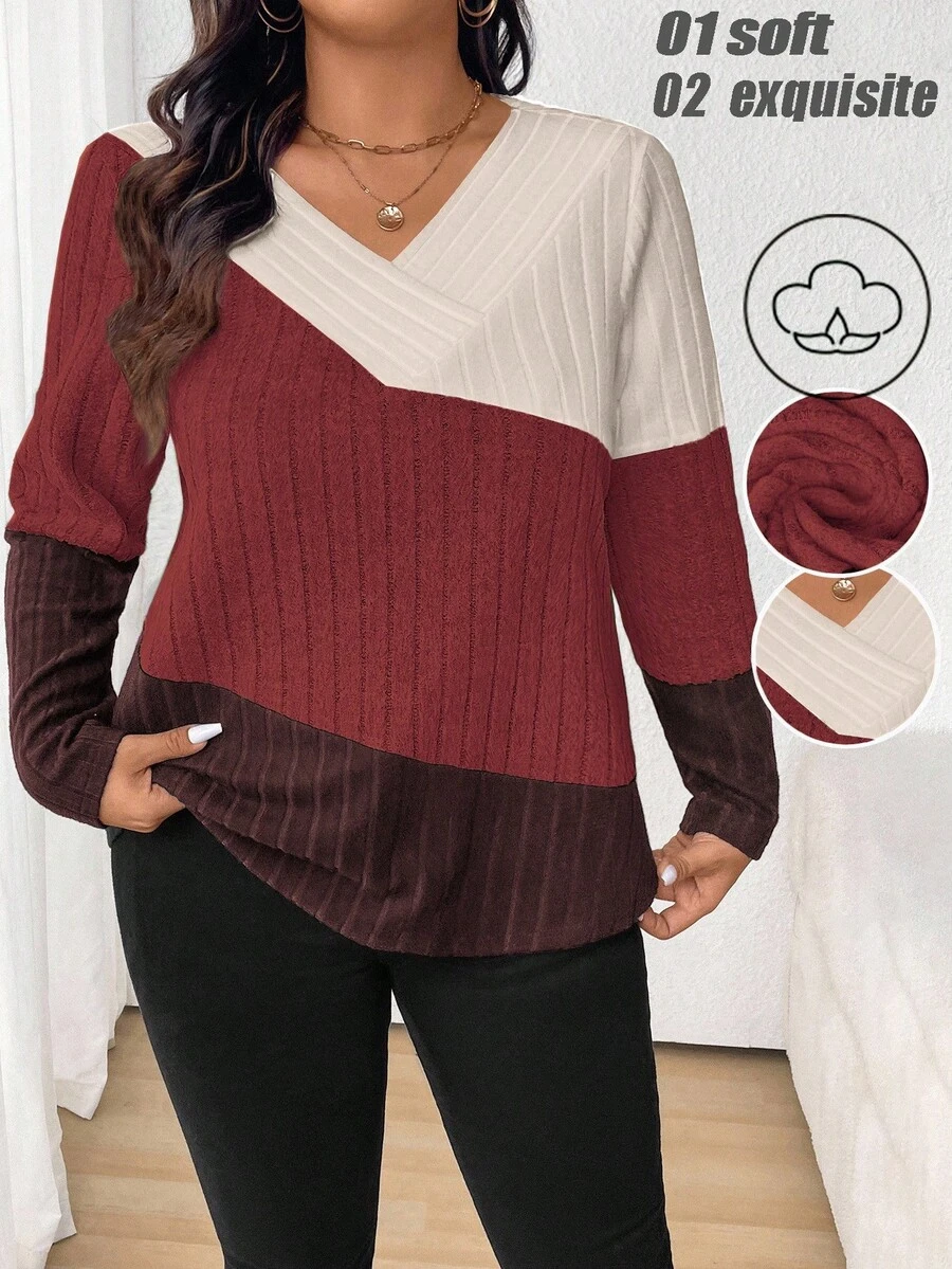 Plus Size Color Blocking T-Shirt For Spring And Autumn Graphic Tees Women Tops Fall - Multicolor - View 1