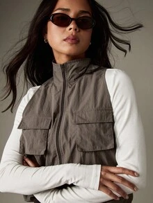 MISSGUIDED Utility Vest With Cargo Pockets Zip Front Sleeveless Jacket For Layering Fall Winter Outerwear