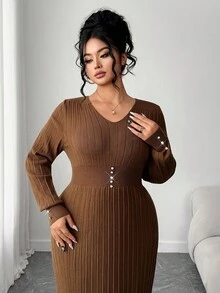 Elenzga Damen Große Größen Einfarbiges V-Ausschnitt Langarm Taille Knopf Design Figurbetontes elegantes Strickkleid, Herbst/Winter