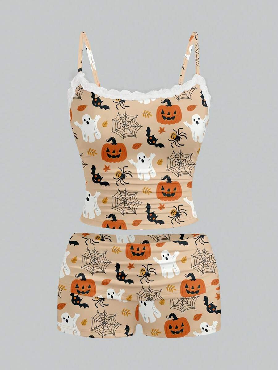Shutterstock Glamance Halloween Sexy Pumpkin, Ghost, Bat, Spider Web Cute Print Lace Camisole And Ruched Shorts 2 Pieces Set, Suitable For Halloween, Party, Intimate Apparel Halloween Clothes Women Short Set 2 Pc Short Set Cute Romper Women