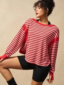 VARSIVA Women's Contrast Stripe Long Sleeve Sports T-Shirt Open Back Workout Top Open Back Athletic Top Gym Tops Rib Knit Open Back Tops Workout Tops - Multicolor - View 5