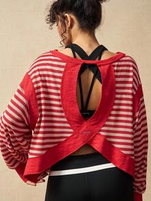 VARSIVA Women's Contrast Stripe Long Sleeve Sports T-Shirt Open Back Workout Top Open Back Athletic Top Gym Tops Rib Knit Open Back Tops Workout Tops - Multicolor - View 9