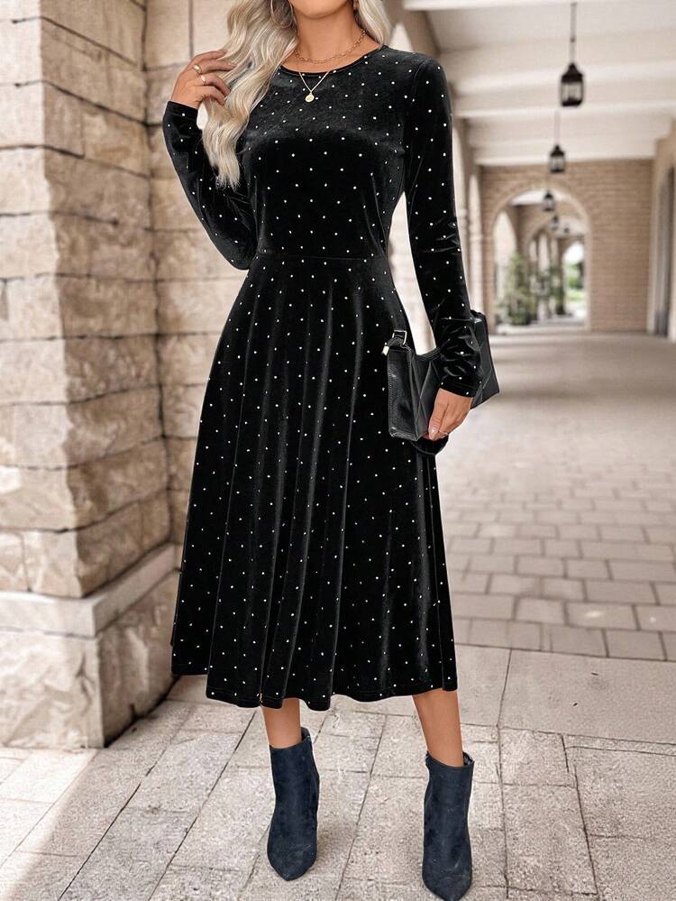Women's Elegant Polka Dot Print Mid-Length Dress, Suitable For Commuting