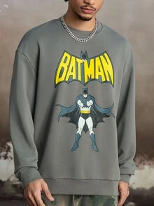 BATMAN X SHEIN Men's Casual Letter & Cartoon Graphic Crew Neck Sweatshirt, Autumn, Long Sleeve Top - Dark Grey - View 6