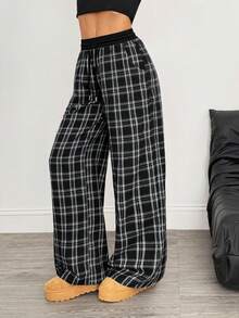 SHEIN Tall Women's Casual Loose Checked Wide Leg Pants Plaid Pants Pajama Pants Checkered Pants Lounge Pants Loose Pants - Black and White - View 3