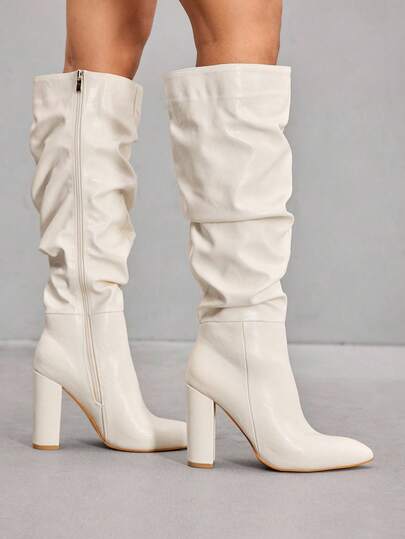 CUCCOO SZL 尖头粗高跟秋冬靴，性感女士过膝靴，侧拉链