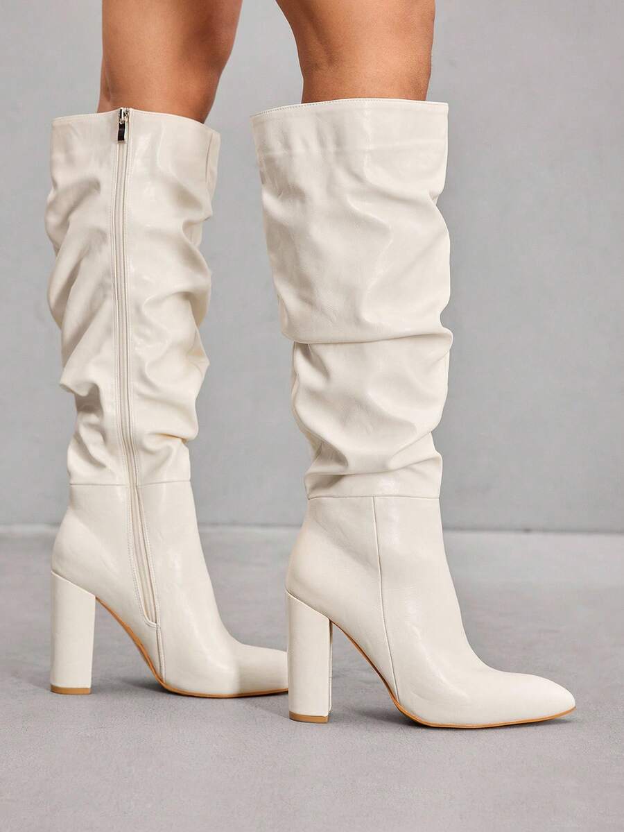 CUCCOO SZL 尖头粗高跟秋冬靴，性感女士过膝靴，侧拉链 - 白色 - 查看 1
