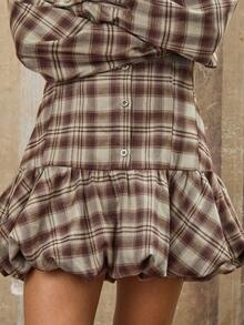 COUREZ 束腰长袖格纹迷你连衣裙/Y2K 女士秋装 女士冬装 外出服装 冬季连衣裙 派对连衣裙 棕色连衣裙 - 彩色 - 查看 7