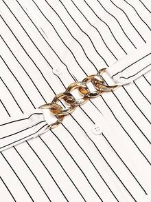 GlowEve CURVE Áo sơ mi tay lỡ họa tiết sọc rộng rãi, dáng rộng, có thắt lưng xích, dành cho nữ mặc đi làm/đi chơi, mùa xuân/thu - Đen và trắng - Xem 3