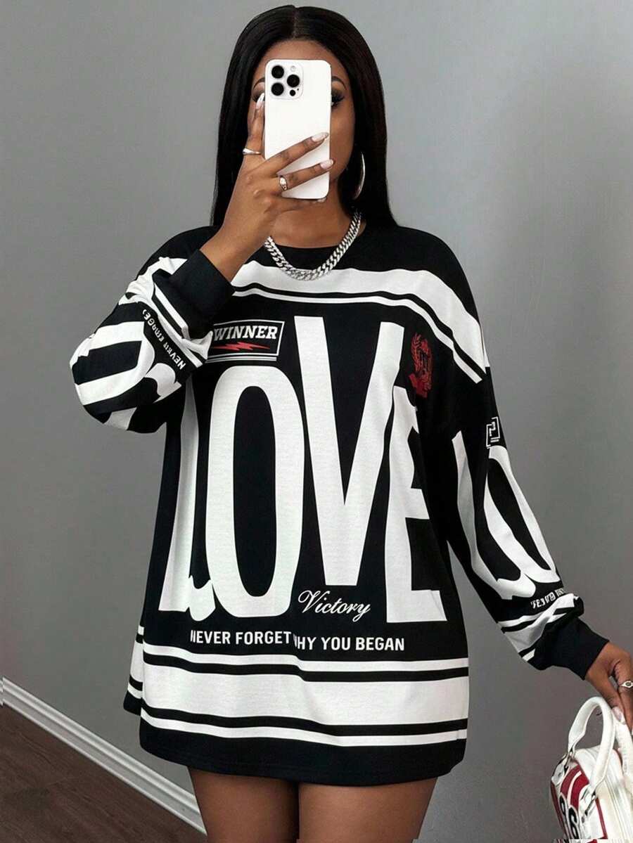 Slaydiva 休闲街头美式复古新款圆领露肩字母英文Logo印花长袖超宽松T恤裙杏色下装绿花女T恤-A - 黑與白 - 查看 1