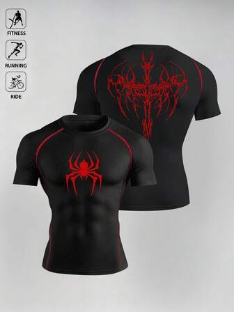 Manfinity Sport Corelite Camiseta deportiva de manga corta de cuello redondo y ajuste slim con estampado de araña para hombres