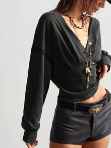 Bohemela Pull court à col V manches longues couleur unie style bohème décontracté pour femmes, automne/hiver