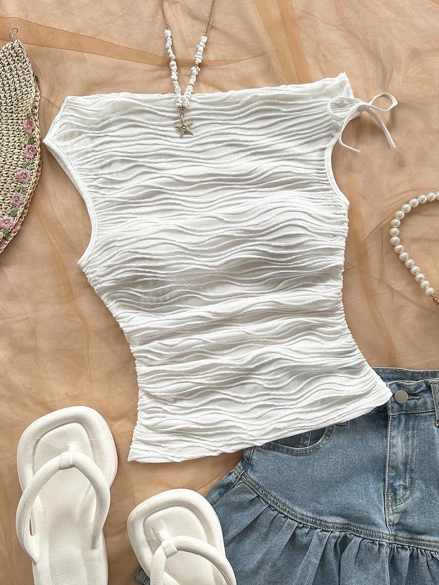 Tween Girls Casual Elegant Vacation Textured Ruched Asymmetrical Neck Cropped T-Shirt White Textured Top White Tie Top Cute White Tops