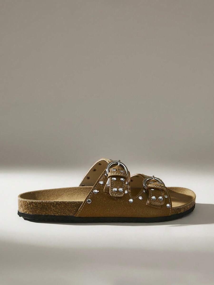 Solecia 女士新款棕色铆钉装饰扣凉拖，复古波西米亚风格沙滩休闲户外度假平底凉鞋 - 棕色 - 查看 1