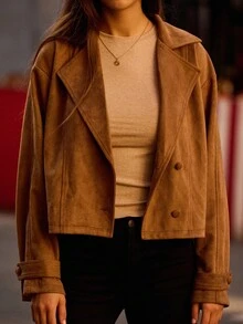 lacRébo Spring Summer Faux Suedette Camel Oversized Belted Jacket Fall Women Spring Summer Premium Jacket Business Casual Going Out - Brown - View 6